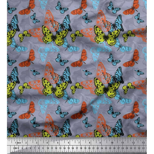 Soimoi Grey Silk Fabric Colorful Butterfly Printed Fabric 1 Yard 42 Inch Wide