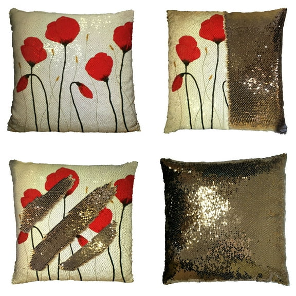 ZKGK Poppy Flowers Reversible Mermaid Sequin Pillow Case 16x16 inches