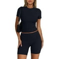 thumbnail image 3 of Scyoekwg Womens Lounge Sets 2 Piece Outfits Casual Solid Color Short Sleevele Round-Neck Tops Shorts Running Gym Sprots Sets (Navy,M), 3 of 7