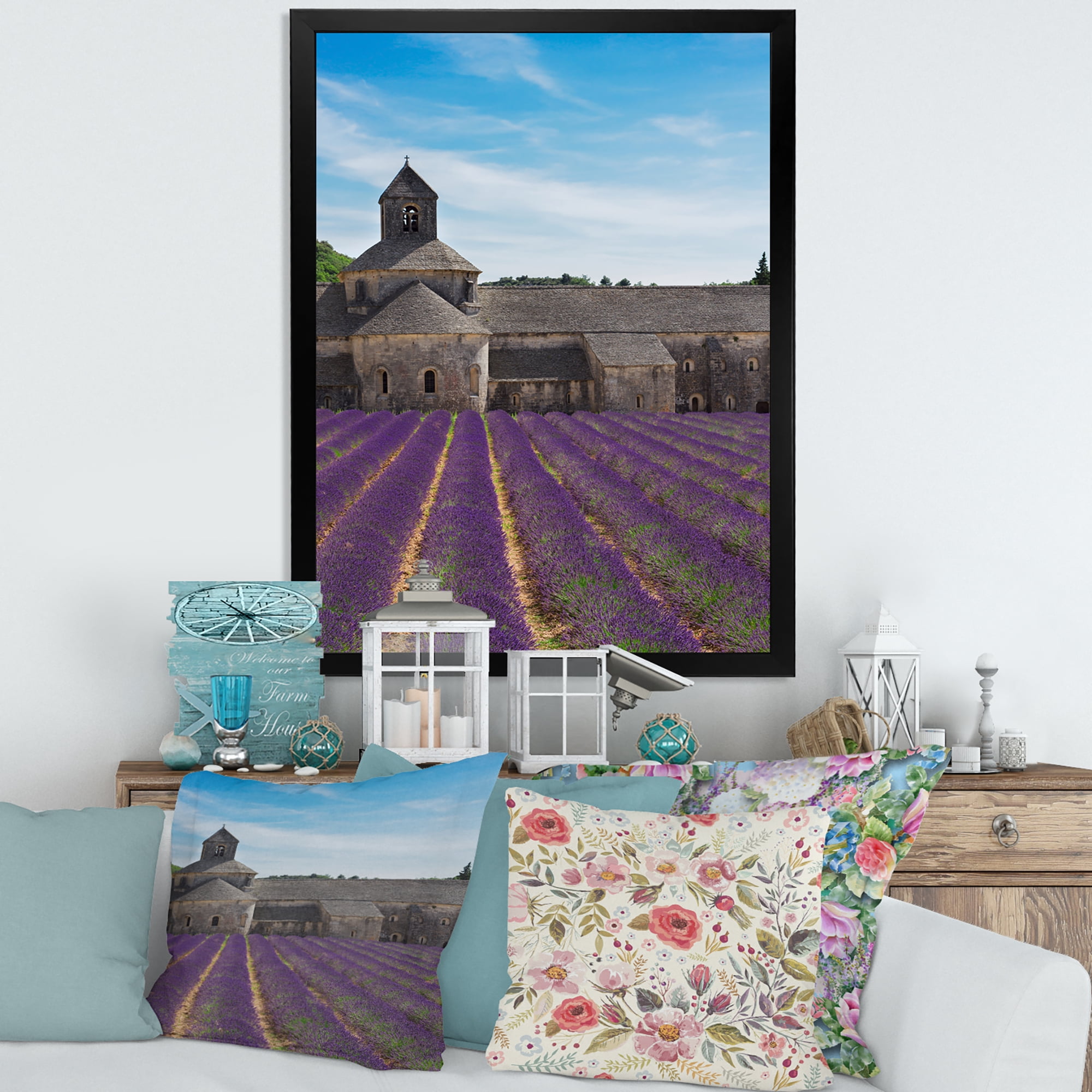 Designart 'Abbey With Lavender Field In France' Farmhouse Framed Art Print