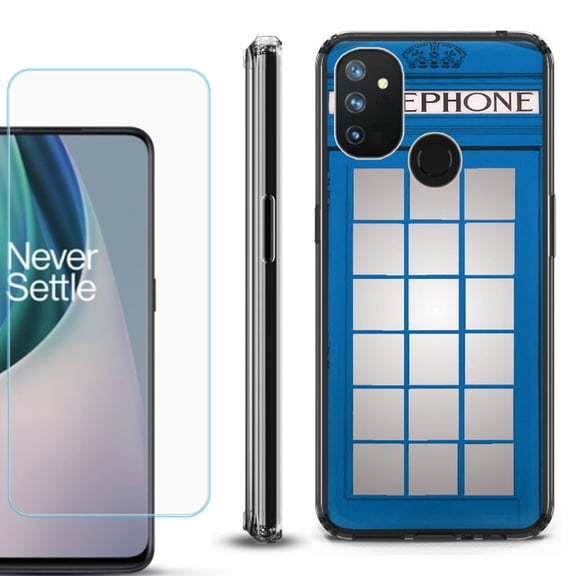 Shockproof Bumper Phone Case for OnePlus Nord N100, with Tempered Glass Screen Protector, by OneToughShield ® - Phone Booth Blue