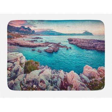 Sicily Bath Mat, Monte Cofano Mediterranean Sea in Vibrant Colors Rocky Coast Nature Morning Photo, Plush Bathroom Decor Mat with Non Slip Backing, 29.5" X 17.5", Multicolor, by Ambesonne