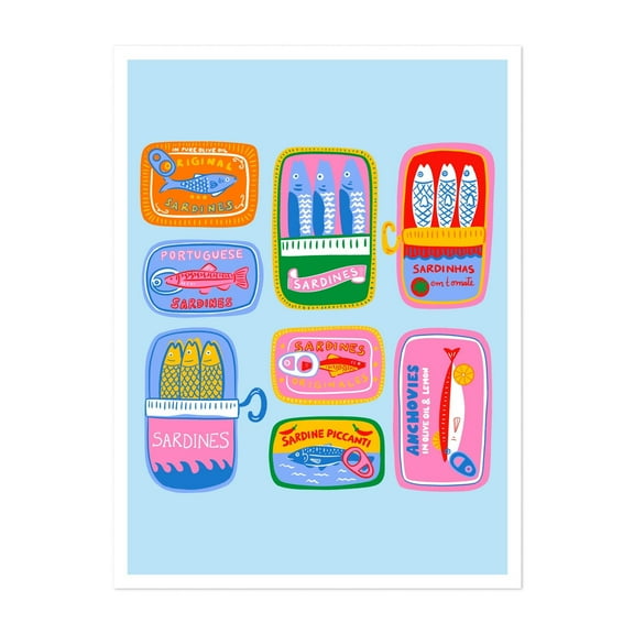 Colorful Sardines Tins - Illustration Pop Art Kitchen Decor Retro Modern Art Seafood Whimsical Unframed Wall Art Print 5 x 7 inches