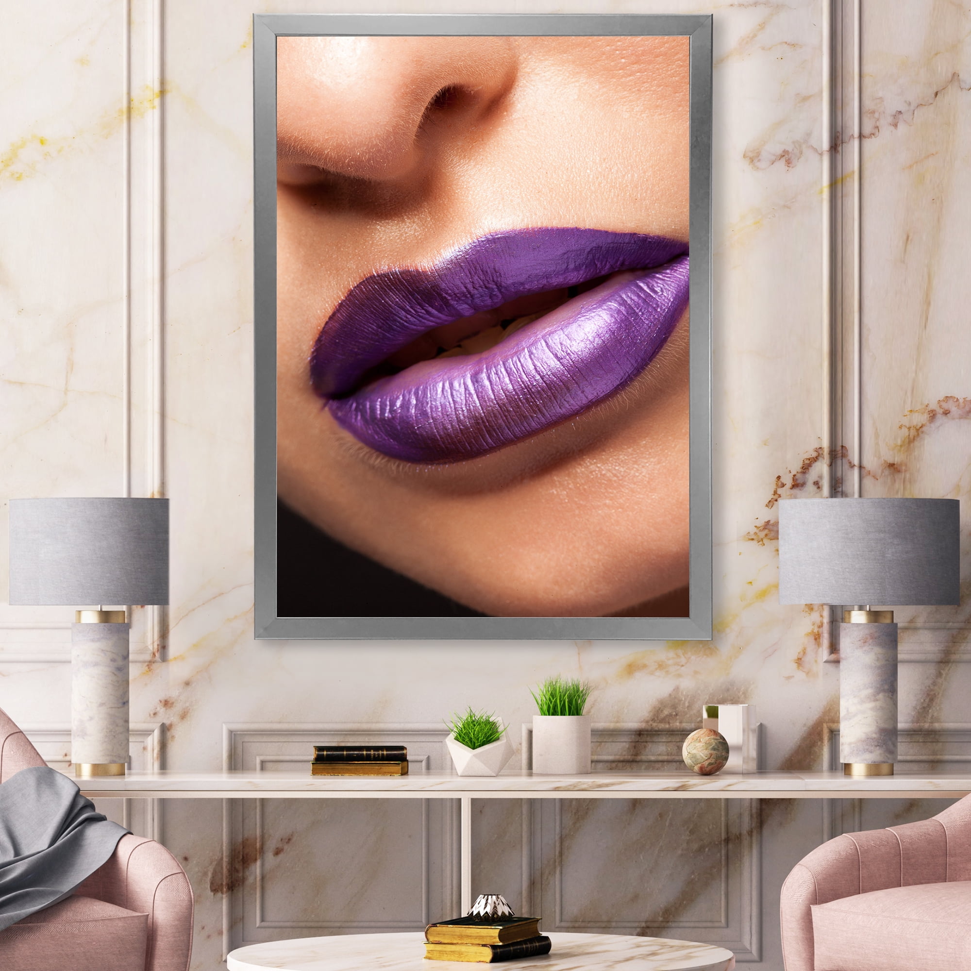 Designart 'Close Up View of Girl Lips With Purple Lipstick' Modern Framed Art Print