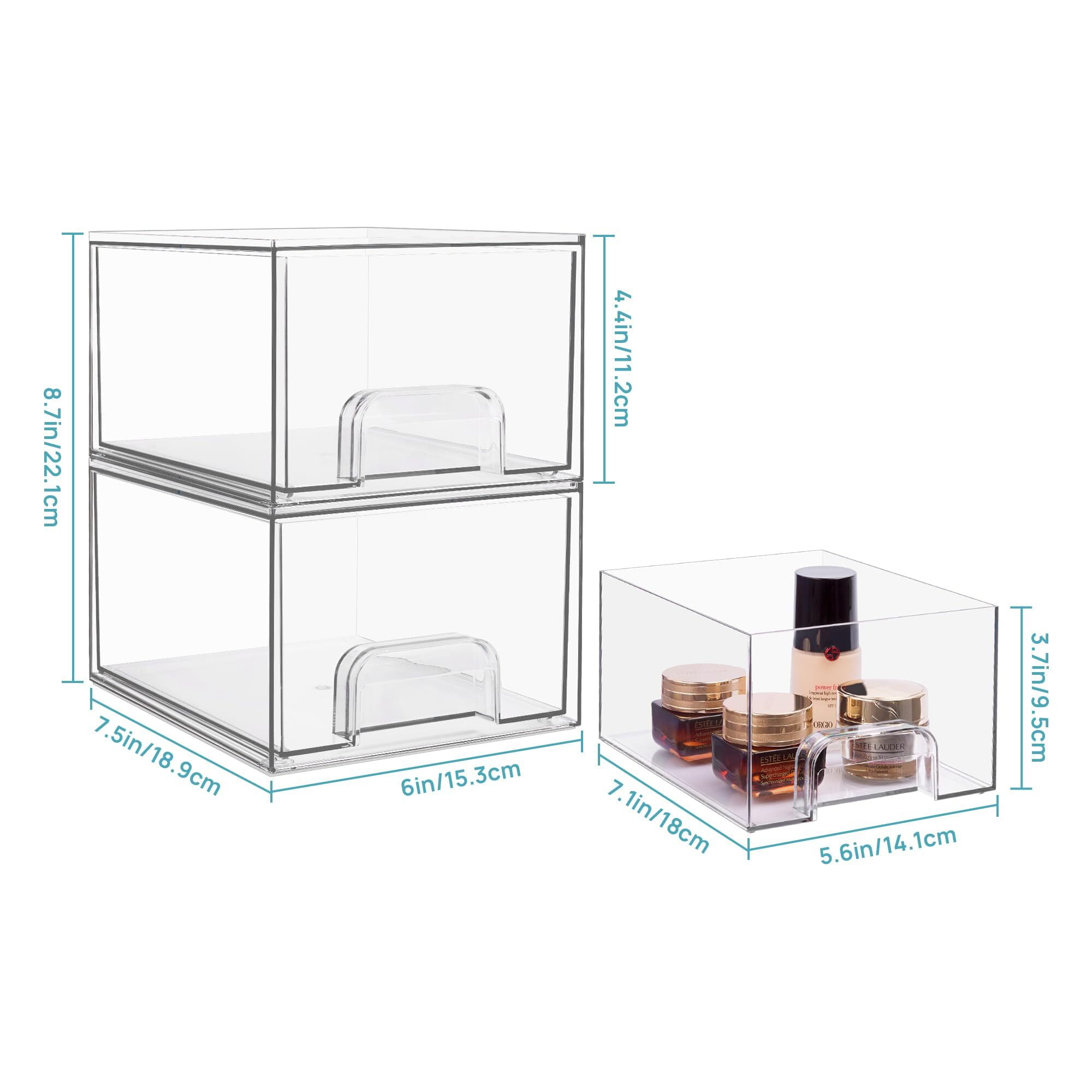 2PCS Acrylic Clear Stackable Acrylic Storage Containers with 5 Drawers  Bathroom Cabinet Organizer Organizing Bins For Cosmetics Organizer Jewelry  Hair