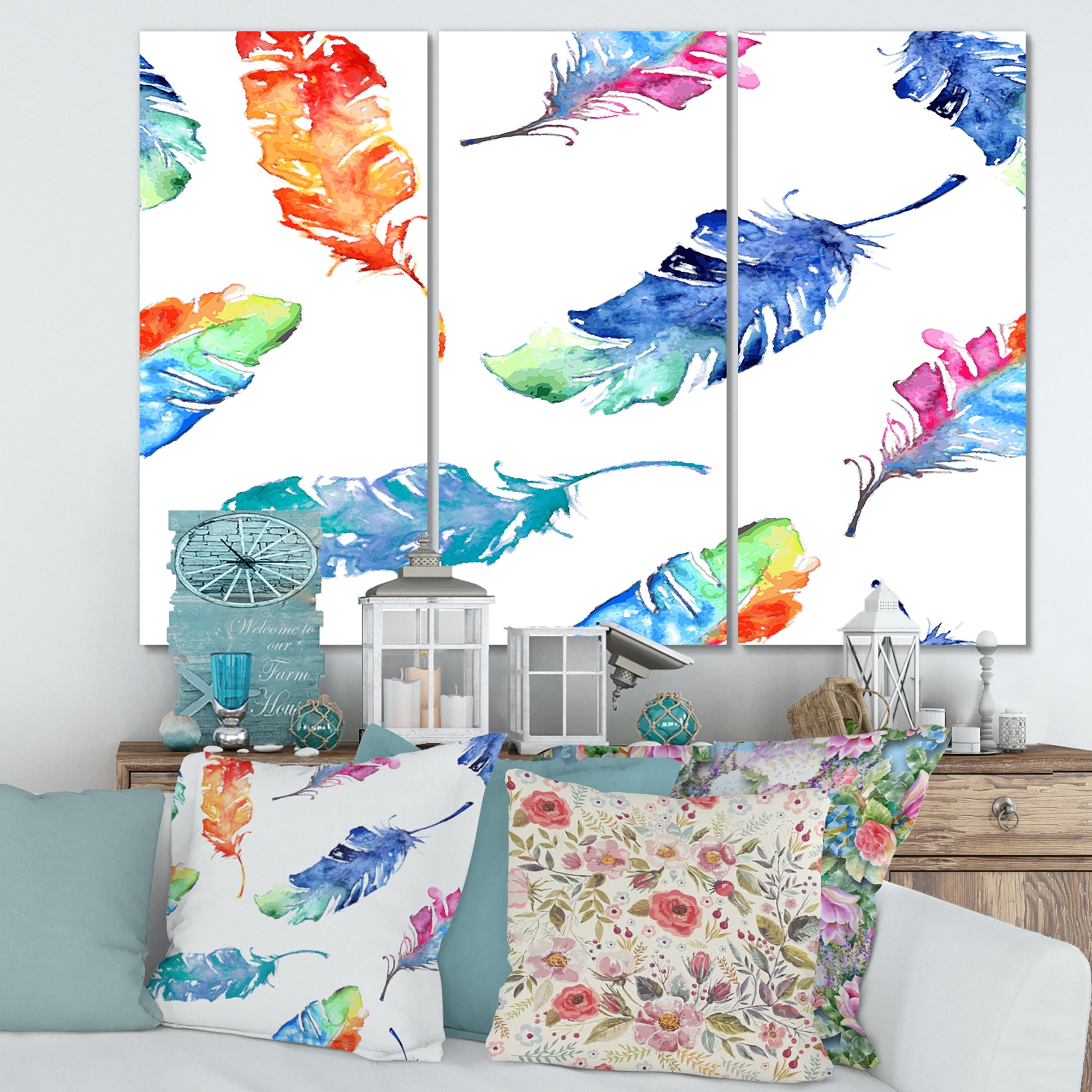Designart ' Ethnic Colorful Feathers ' Bohemian & Eclectic Canvas Wall Art Print