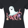 thumbnail image 4 of Inktastic Cute Ghost Octopus Trick or Treating with Bat Women's V-Neck T-Shirt, 4 of 5