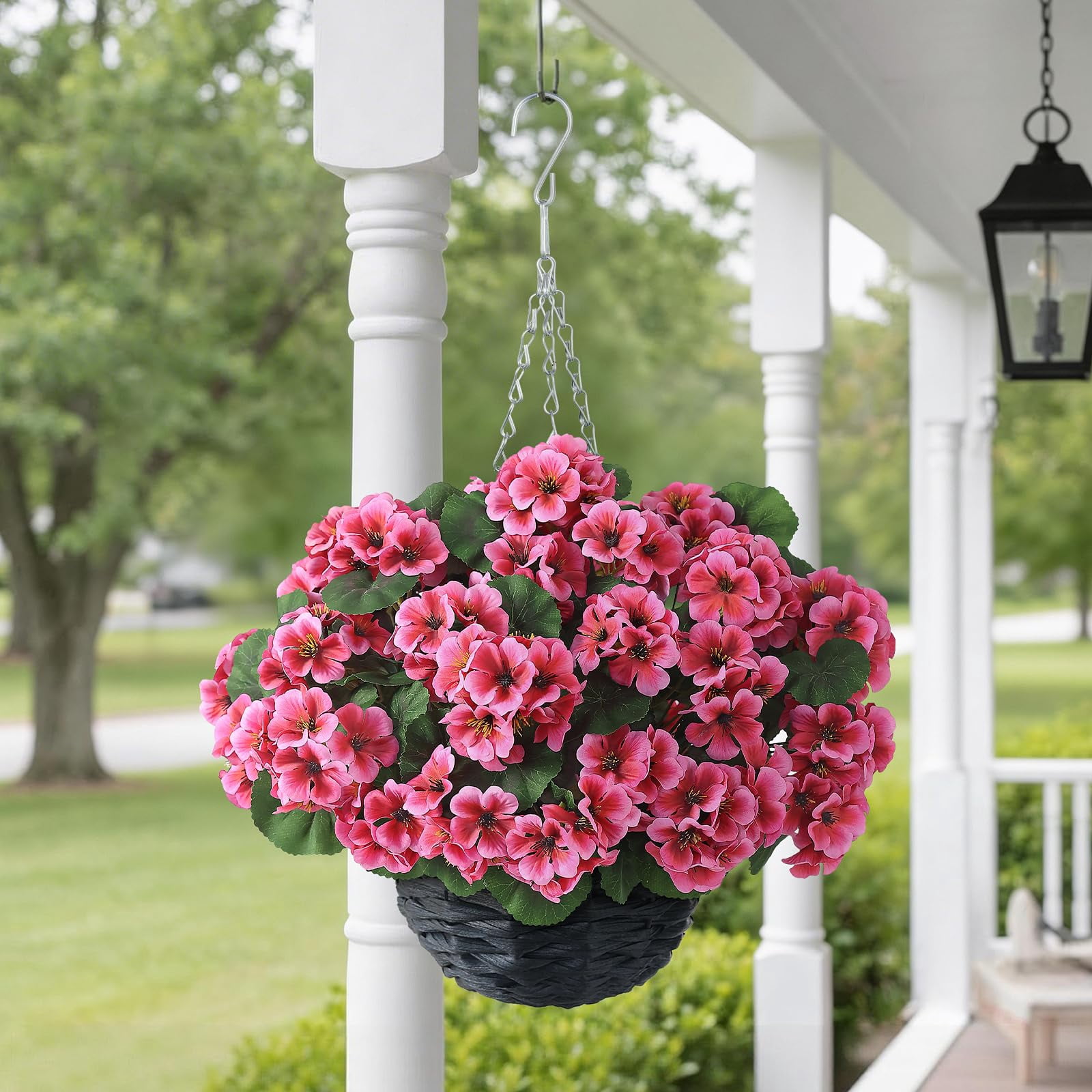 2 Set Artificial Geraniums Flowers with Hanging Baskets for Outdoors - Sun Resistant Silk with Geranium Flowers, Fake Hanging Planters for Front Porch Garden Patio Home Decor (Red)