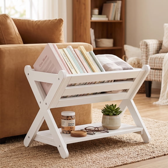 PAWON Kids Book Caddy with Bottom Shelf, X-Frame Toddler Bookshelf Organizer, White