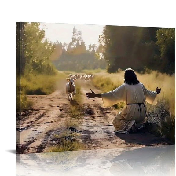Vintage Charming Jesus & Sheep Christ Canvas Wall Art Print,Christian Canvas Prints Wall Decor For Church Living Room Bedroom Kitchen Office Cafe , Perfect Gift And Decoration Framed