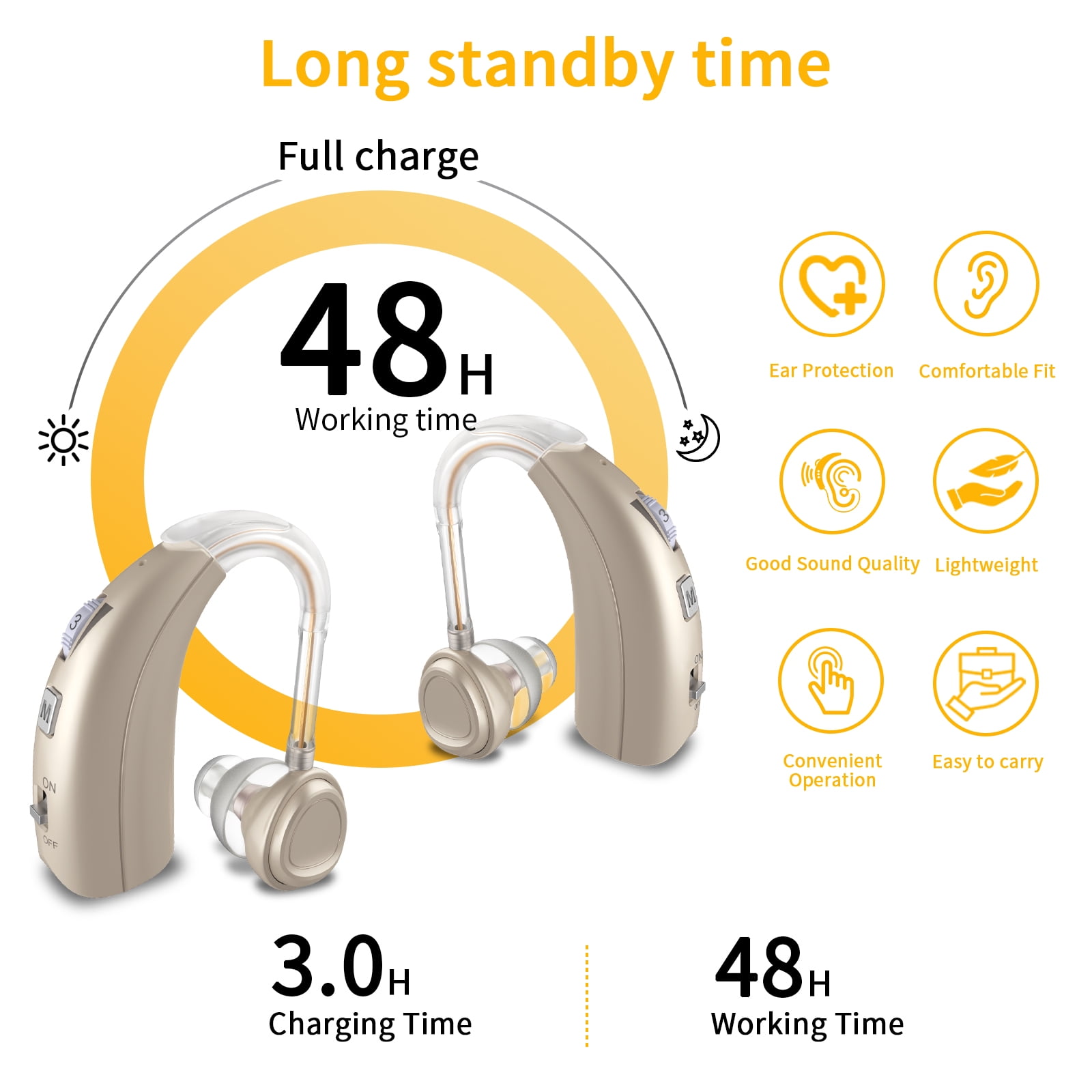 Delmicure Digital Hearing Aid for Seniors, Rechargeable, Single, VHP-1303, Gold