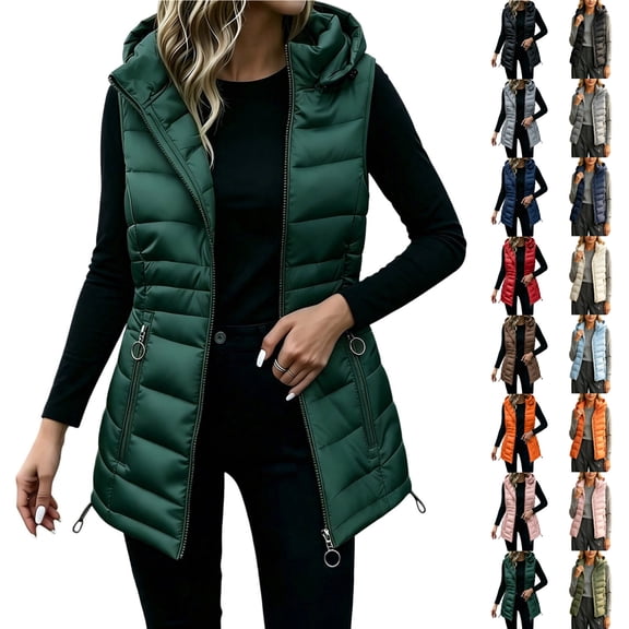 KICILVS Puffer Vest Women Hooded Zip Up Sleeveless Winter Jacket with Pockets Quilted Mid Length Gilet for Daily Wear