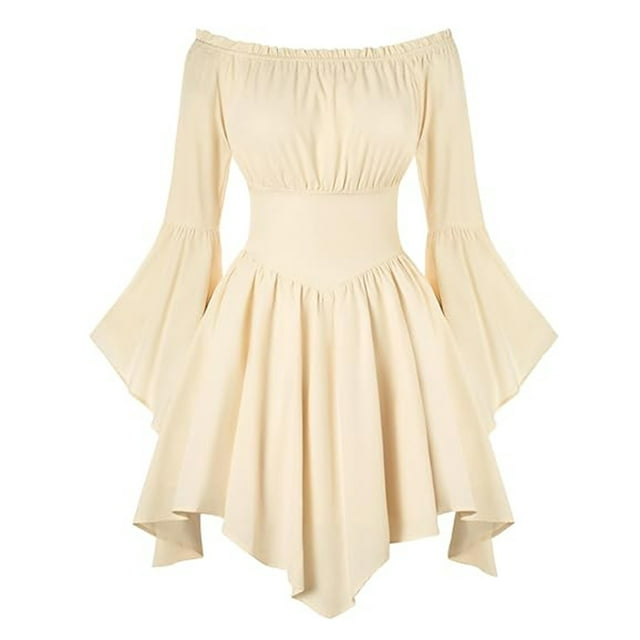 Enjoytime Robes d'Halloween pour Femmes Couleur Unie Col Rond Manches Longues Mini Robe Élégante Invité de Mariage Vêtements Gothiques Beige TTG