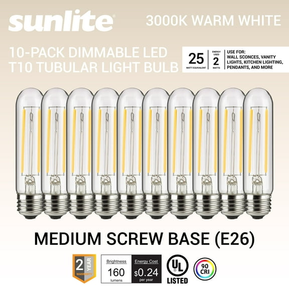 Sunlite LED Filament T10 Tubular Light Bulb, 2 Watts (25W Equivalent), 160 Lumens, Medium E26 Base, 120 Volts, Dimmable, 90 CRI, UL Listed, Clear, 4000K Cool White, 10 Pack