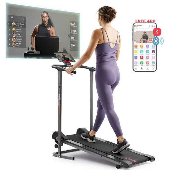 Sunny Health & Fitness Smart Manual Walking Treadmill, 300 LB Weight Capacity, Non-Electric, Fixed Incline, Compact & Foldable, Digital Monitor, Bluetooth Connection with SunnyFit App - SF-T1407SMART