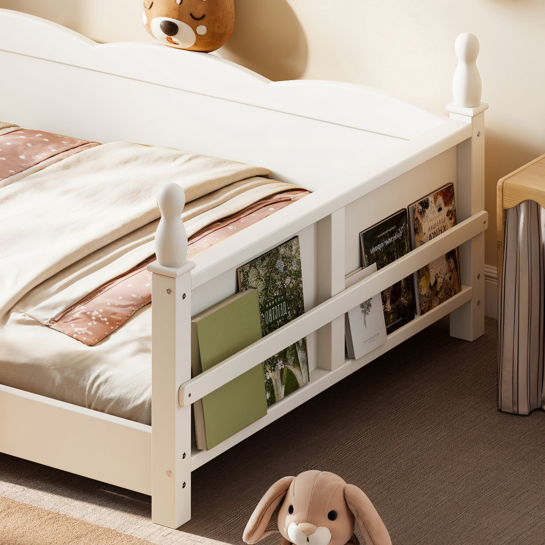 GDF Studio Twin Size Montessori Floor Bed with Guardrails & Side Bookshelf, Childlike Design, Beige