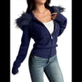 thumbnail image 2 of Suéter Cárdigan con Cremallera para Mujer, Sudadera con Capucha de Piel Sintética con Cable, Chaqueta de Larga, Conjuntos de Punto Y2K Azul Marino M, 2 of 9