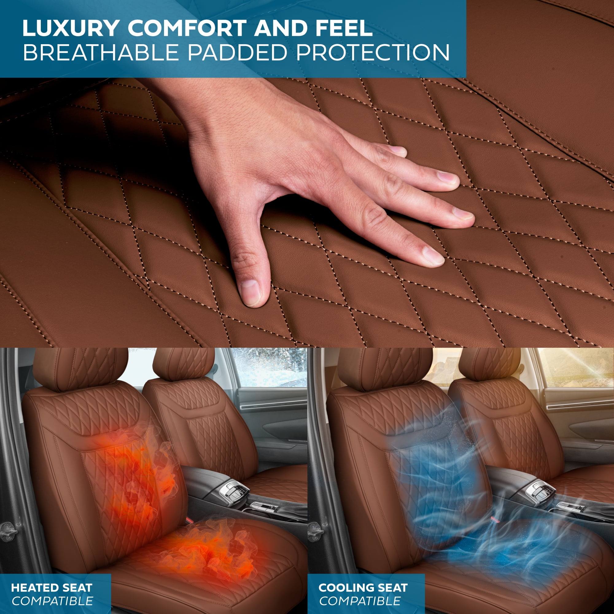 MotorBox Car Seat Covers - Ranch Leatherette Faux Leather Brown Seat Covers for Car - Diamond Stitched Cushioned Interior Protectors for Automotive Accessories, Trucks, SUV, Cars - Two Front Covers