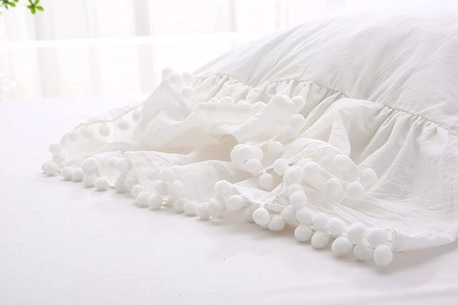 Pom Poms Pillowcases with Long Ruffles Ivory Pillow Shams Cotton Pillow Covers Queen Size 20"X30" Farmhouse French Country 2-Pack