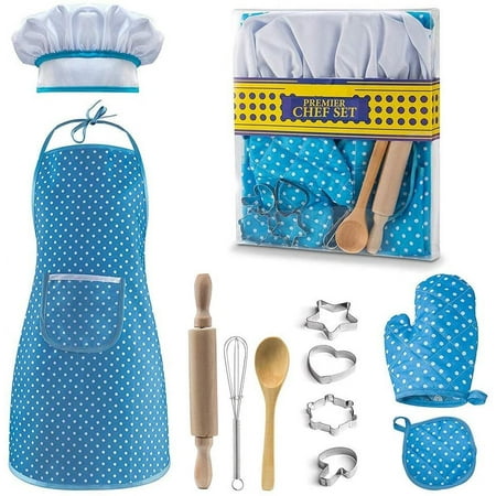 Kids Cooking Set - 11 Pcs Chef Role Play Kit for Girls Perfect Birthday Gift for 3-6 Year Olds - Includes Apron Hat Mitt Utensils - Festive Toys