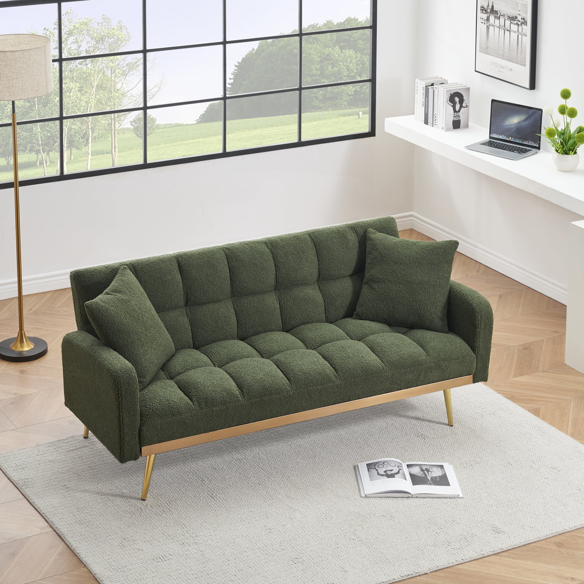 Convertible Futon Sofa Bed,69 Inch Modern Teddy Loveseat Sofa Couch with Adjustable Backrest for Small Space,Living Room,Green