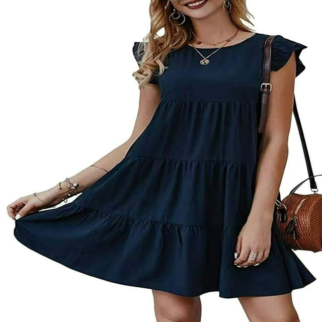 Robes Décontractées à Manches à Volants pour Femmes Été Couleur Unie Col Mignon Robe de Plage Ample Plissée Mini Robe