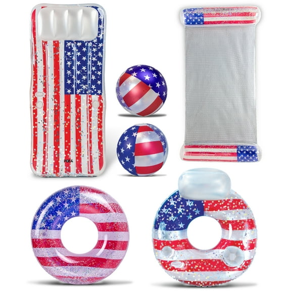 POZA Inflatable USA Flag Pool Floats Collection - Patriotic Design Sparkle Confetti Filled Luxurious Fun Floats Includes Pool Tube, Beach Balls, Water Hammock, Luxury Tube and Mattress - Pack of 6