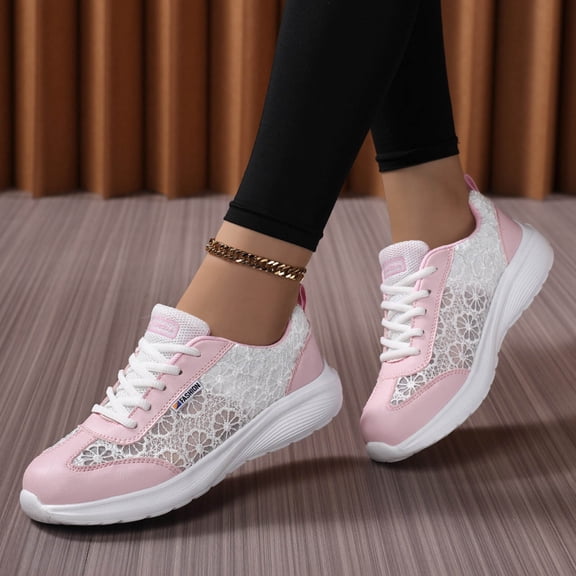 HEWUQI Bowling Shoes Women Lace up Arch Support Platform Wedge Walking Non Slip Sneakers Lightweight Casual Outdoor Athletic Footwear Pink Size 6
