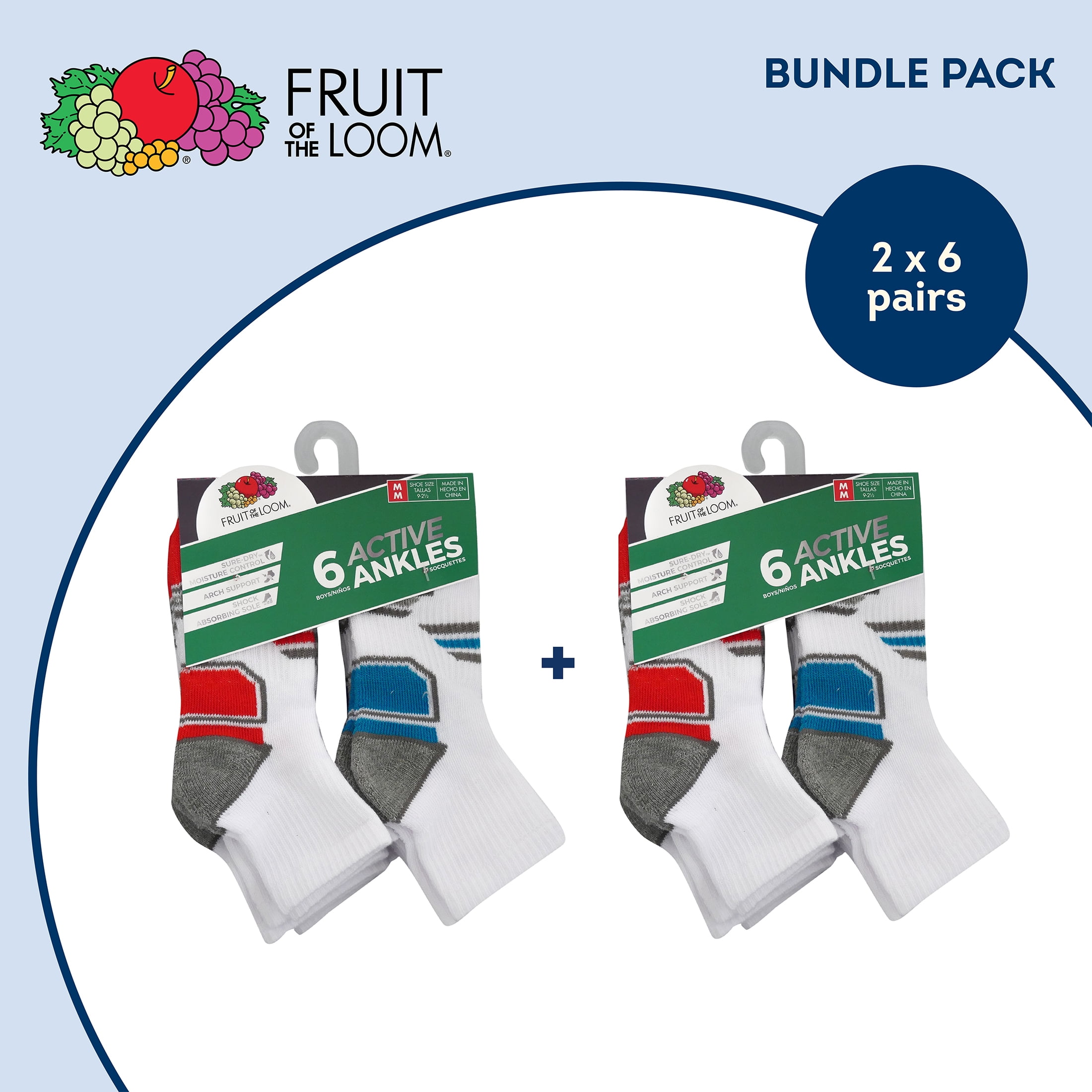 Fruit of the Loom Active Ankle Socks for Boys, White, Sizes 9-2.5 (12-Pack)