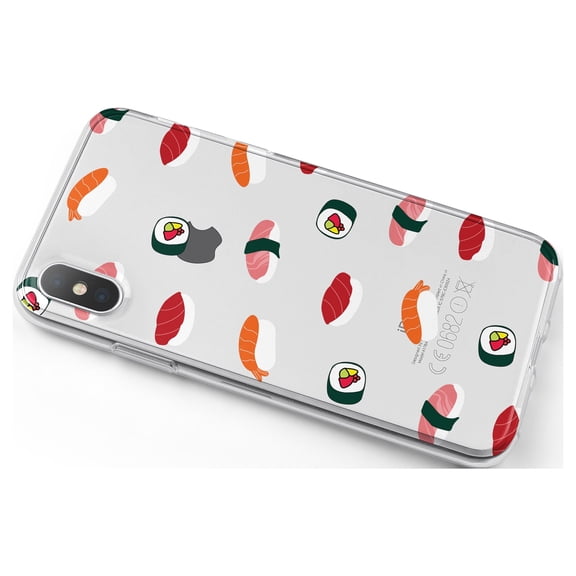 DistinctInk Clear Shockproof Hybrid Case for iPhone X / XS (5.8" Screen) - TPU Bumper, Acrylic Back, Tempered Glass Screen Protector - Cartoon Sushi