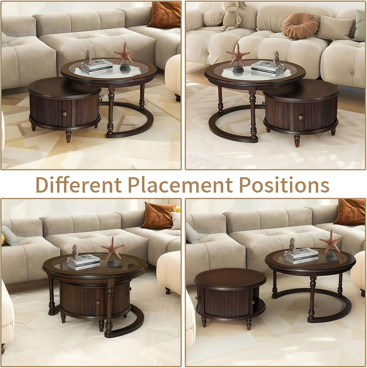 LKTART Nesting Coffee Table for Living Room,Round Tempered Glass Solid Wood Nest Coffee Tables with Storage,Retro Small Accent Center Table