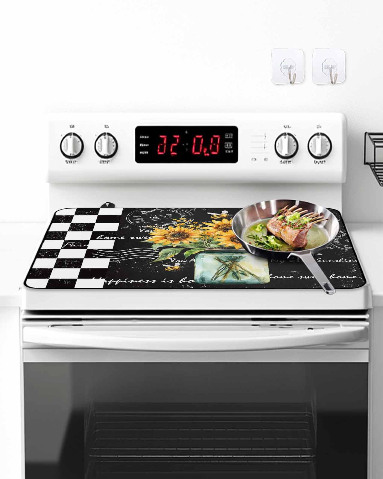 Stove Top Covers for Electric Stove, Sunflower Glass Stovetop Cover Protector, Black White Check Farmhouse Bee Vase Floral Induction Cooktop Protector Oven Mat for Kitchen Countertop 24"x21"
