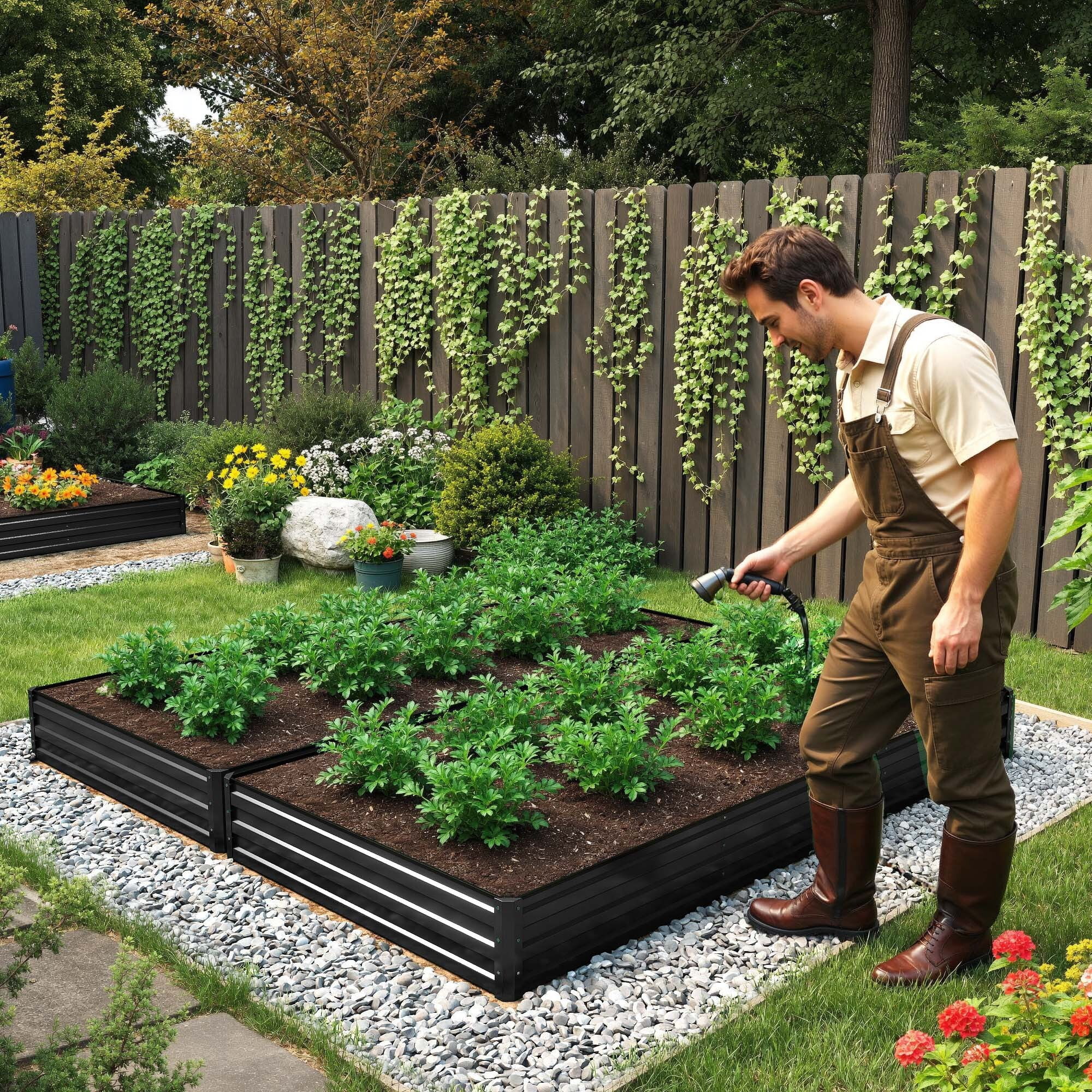 Uforic 2PCS 8X4X1FT Galvanized Metal Raised Garden Bed Kit with Safety Rubber & Gardening Gloves, Outdoor Large Planter Box for Vegetables Flowers Herbs Fruits, Black