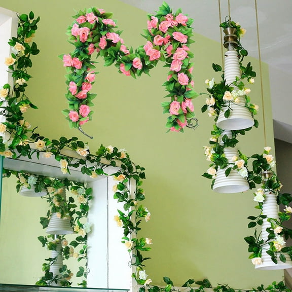 Ludlz Artificial Rose Vine Garland Flowers Fake Flower Plants for Wedding Home Garden Party Hotel Decor 230cm Artificial Flower Rose Vine Hanging Garland Party Home Wedding Wall Decor
