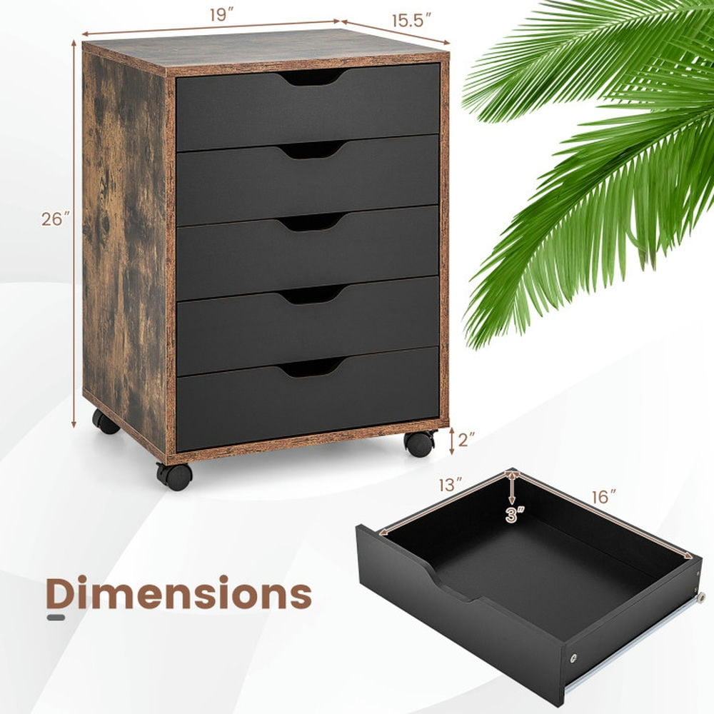 Demi Bonn 5 Drawer Mobile Lateral Filing Cabinet Storage Home Office Floor Cabinet with 4 Wheels, Brown