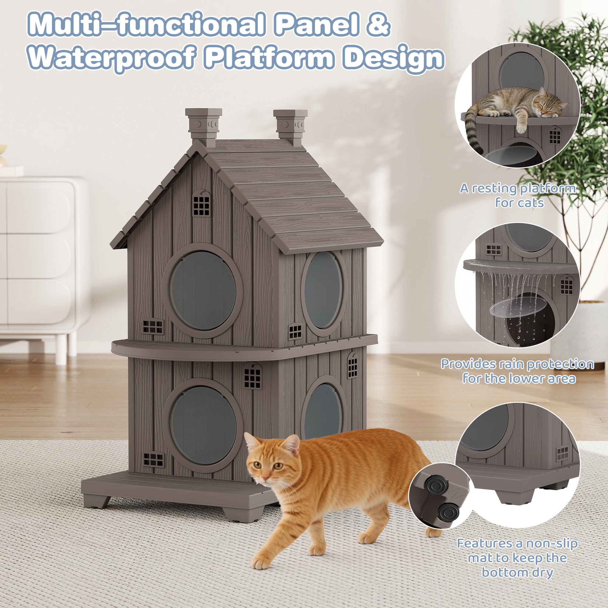Bifanuo Outdoor Cat House,Weatherproof Resin Cat House,Multi-Layer,Villa-Style Outdoor Cat Shelter,Assemble Easily for Home & Yard,Gray