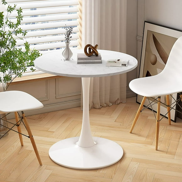 32" Modern Round Dining Table with Printed White Marble Table Top and Metal Base, Stylish for Dining or Leisure Spaces