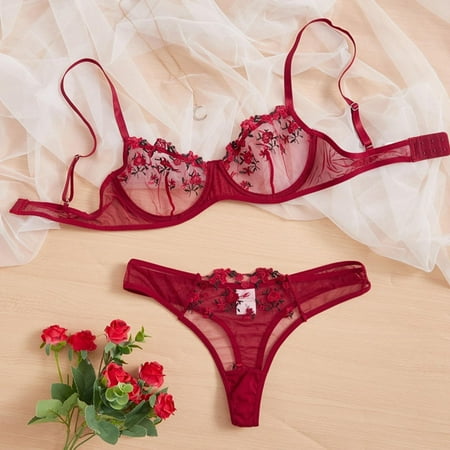 uublik Comfy Lingerie for Women Set Valentine s Day Spaghetti Strap 2 Piece Goth Wireless Bras and Panties Set Wine S