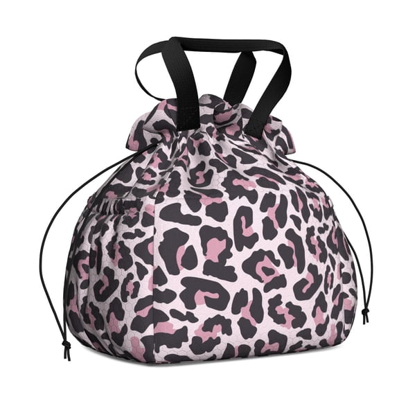 Pink and Black Of Leopard Print Drawstring Lunch Bag Women - Drawstring Lunch Bag Insulated for Work Office - Stain-Resistant Large Lunchbags for Women with Multi-Pockets