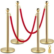 VEVORbrand 4pcs Stainless Steel Stanchion Posts 2 Red Velvet Ropes Gold 38in Crowd Control Barrier with 5ft Rope and One More Hook for Theaters, Party, Wedding, Exhibition, Ticket Offices