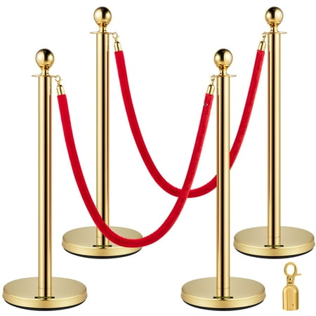 VEVORbrand 4pcs Stainless Steel Stanchion Posts 2 Red Velvet Ropes Gold 38in Crowd Control Barrier with 5ft Rope and One More Hook for Theaters, Party, Wedding, Exhibition, Ticket Offices