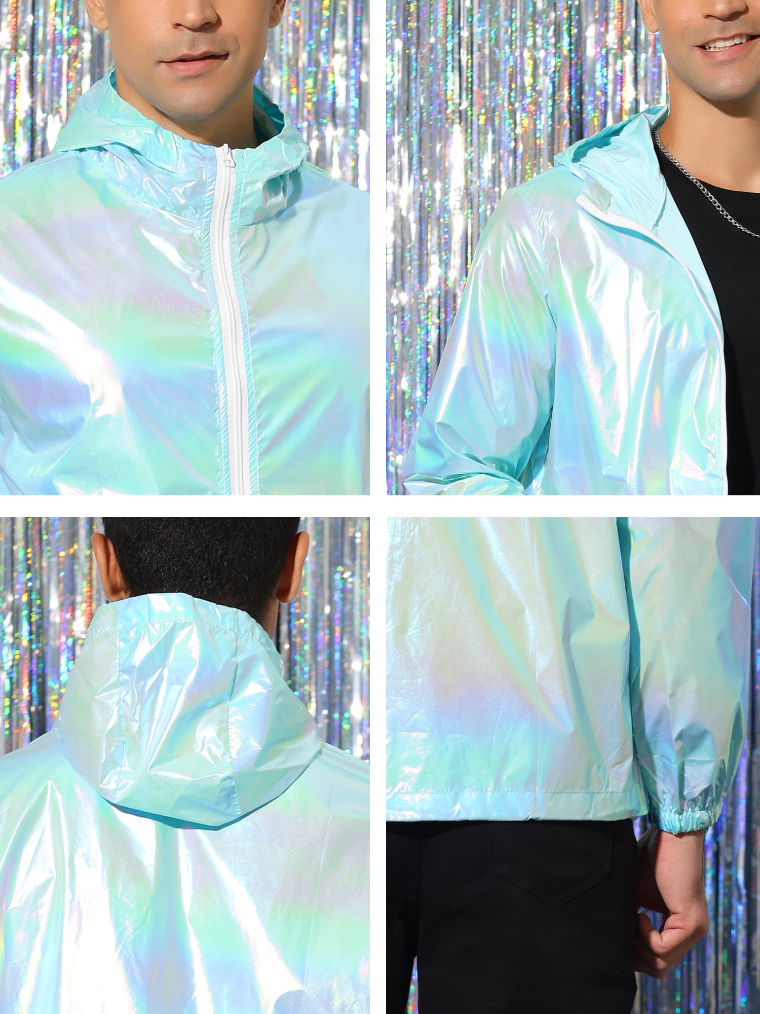 INSPIRE CHIC Men's Jacket Metallic Zip up Hooded Lightweight Holographic Shiny Jackets M Mint Blue