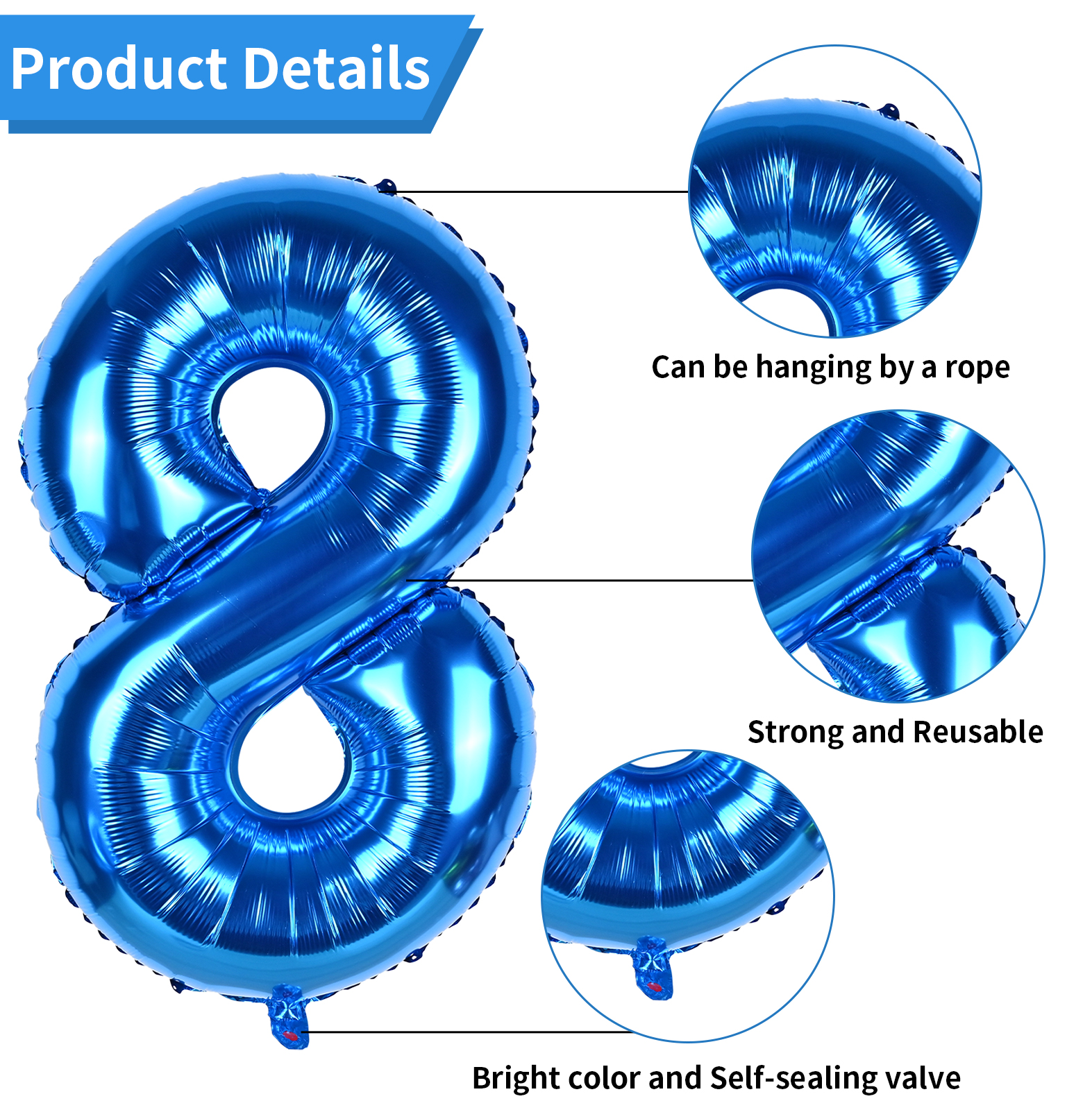 Blue 8 Balloons, Number 8 Balloons, 40Inch 8th Birthday Balloons 
