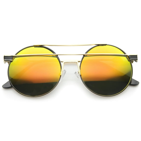 sunglassLA Unisex Modern Metal Frame Double Bridge Colored Mirror Lens Round Sunglasses (Gold-Black / Orange Mirror) - 59mm