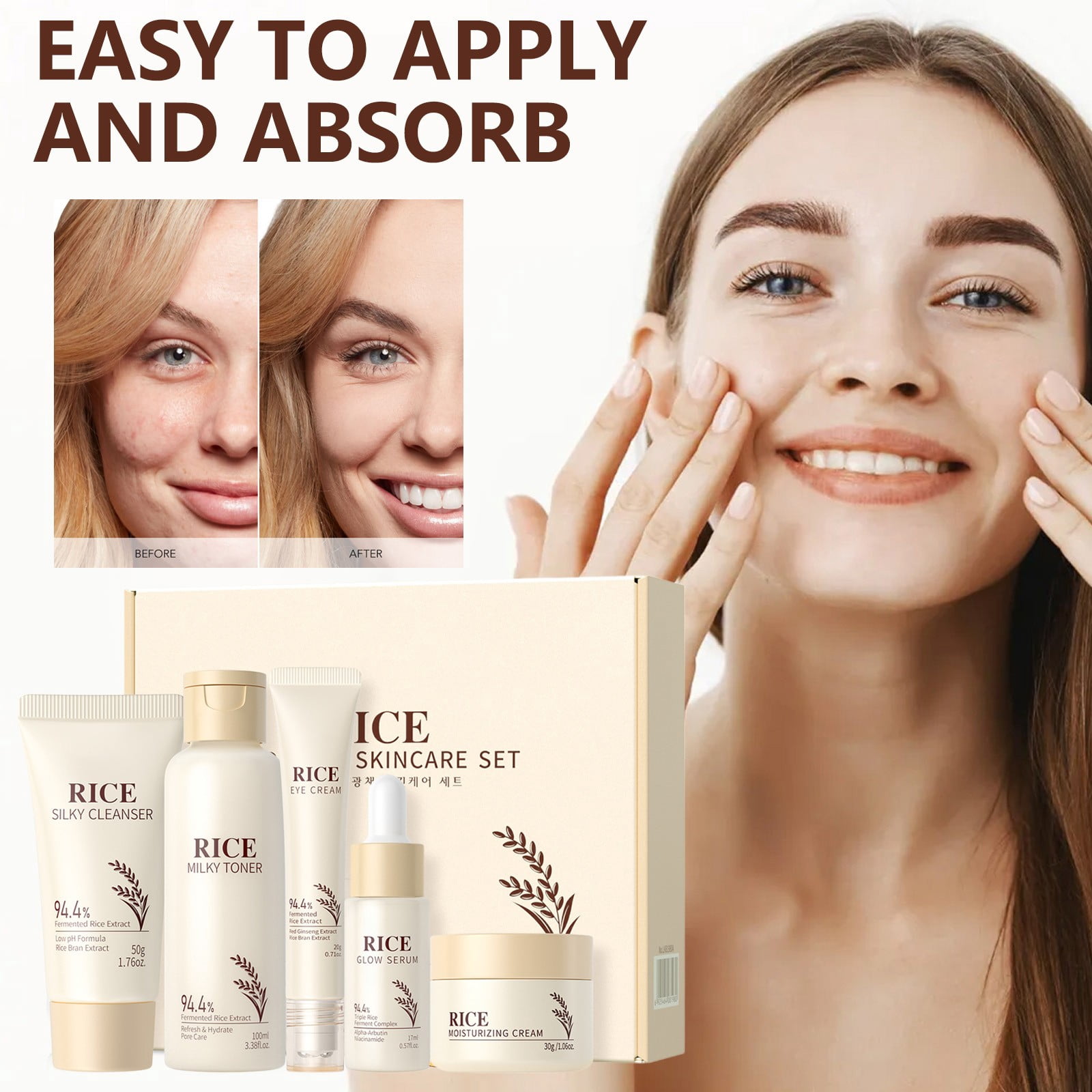 HHBEAUTY Skincare Set, Korean Rice Skin Care Sets & Kits, Cleanser, Toner, Serum, Eye Cream & Moisturizer, Christmas Birthday Gifts for Women Teenage Girls Mom Friend, Travel TSA-friendly Sizes 5pcs