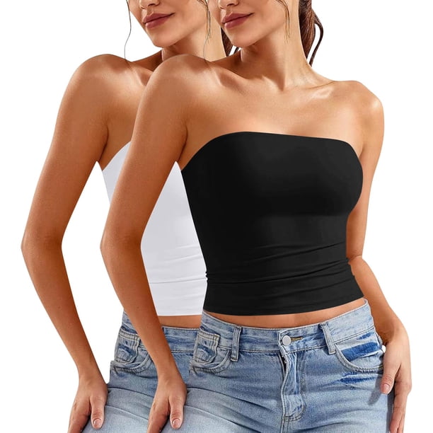 Blusa informal de verano sin tirantes de color liso para mujer, 2 piezas, de poliéster