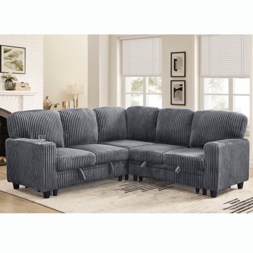 Howcool Modular Sectional Sleeper Sofa, 81" L-Shaped Oversized Cloud Couch with Pull-Out Bed, 5-Seat Corduroy Sofa with Storage Chaise, USB Charging and Cup Holders for Living Room Apartment,Gray