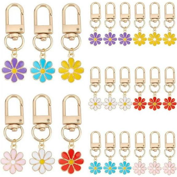24pcs Flower Keychain Daisy Enameled Charms Aesthetic Keychain Car Key Ring Pendant Key Chains for Handbag Bag Earphone Case Decoration