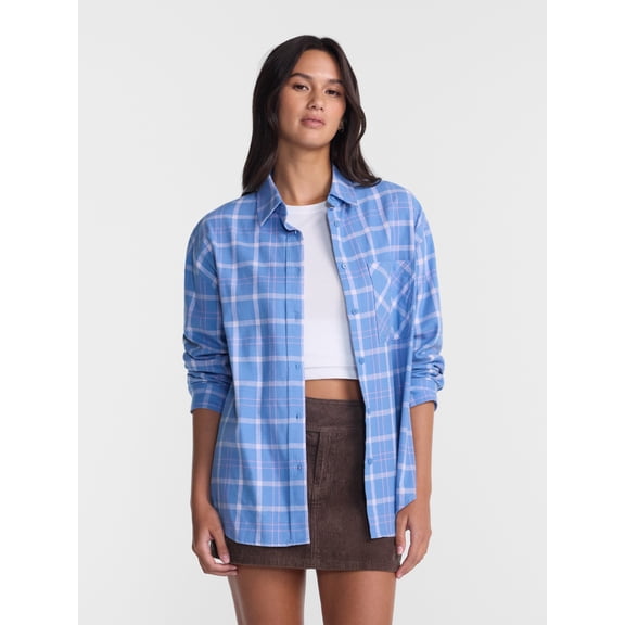 No Boundaries Plaid Flannel Shirt with Long Sleeves, Women's XXS-XXL