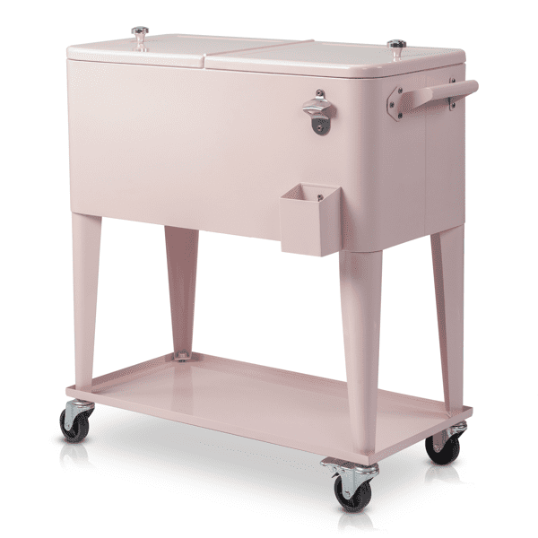 Alvantor 80 QT Patio Rolling Cooler Cart with Shelf, Bottle Opener and Lockable Wheels, Pink